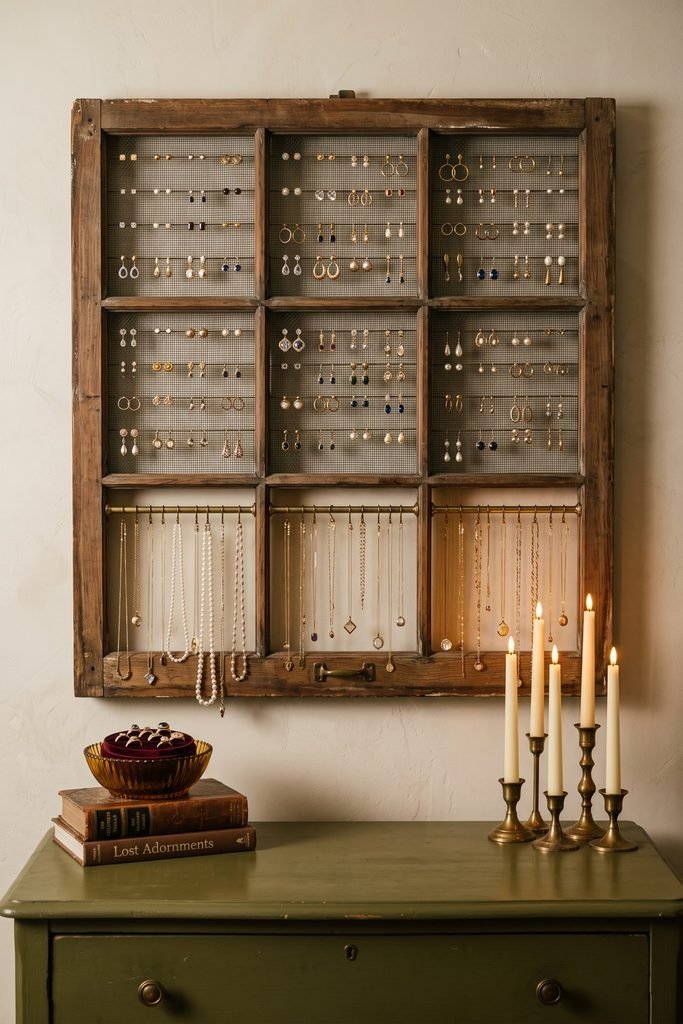 Weathered wood window frame displaying rows of earrings and hanging necklaces above an olive dresser with books, a ring bowl, and candles.