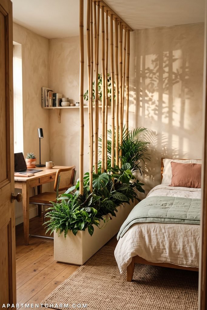 Bedroom and work area divided by a cream planter packed with tropical foliage and tall bamboo poles; a wooden desk sits left and a cream-and-sage bed sits right.