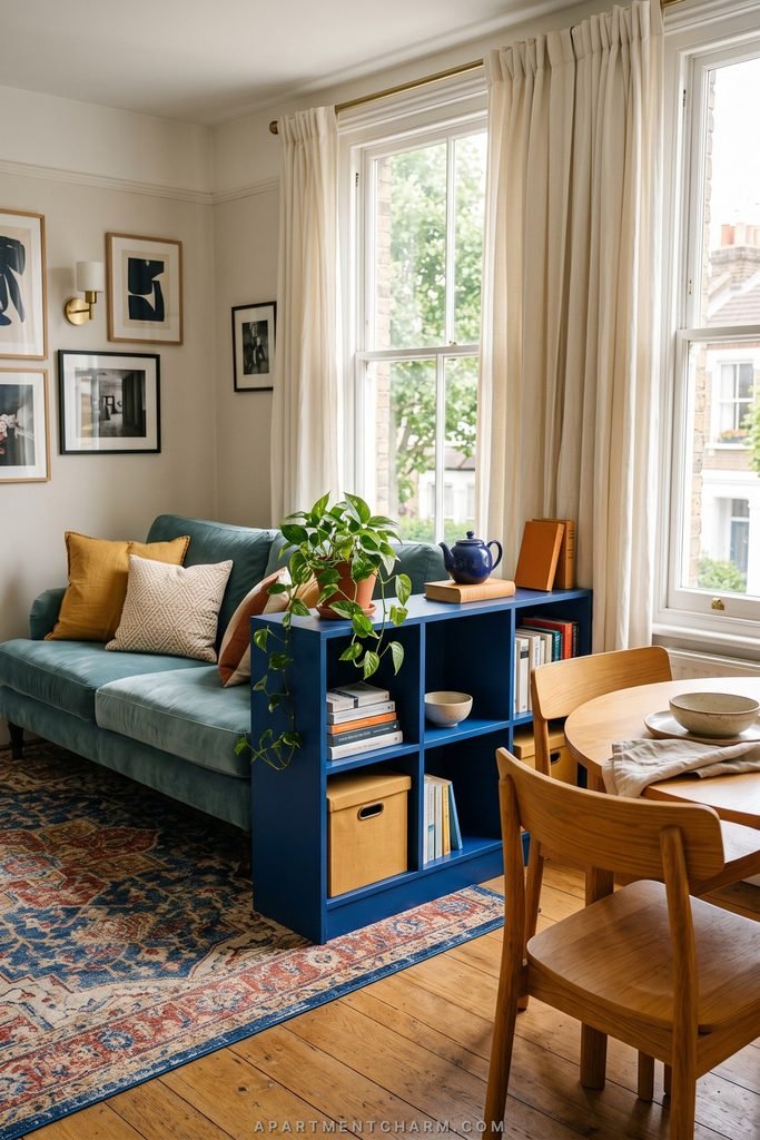 25 Beautiful Storage Ideas for Small Spaces That Use Every Inch 4 Low blue bookcase divides a teal-sofa living area from a round wood dining table beside tall windows.