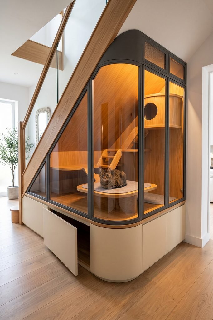 Glass-fronted under-stair cat lounge with dark frames, warm wood platforms, small stairs, circular upper den, curved cream storage, and a tabby.