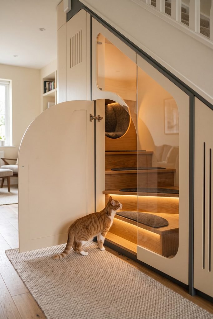 Open cream access door beside a clear under-stair panel, revealing illuminated wood steps, dark pads, and a round upper bed as a cat stands on a woven runner.
