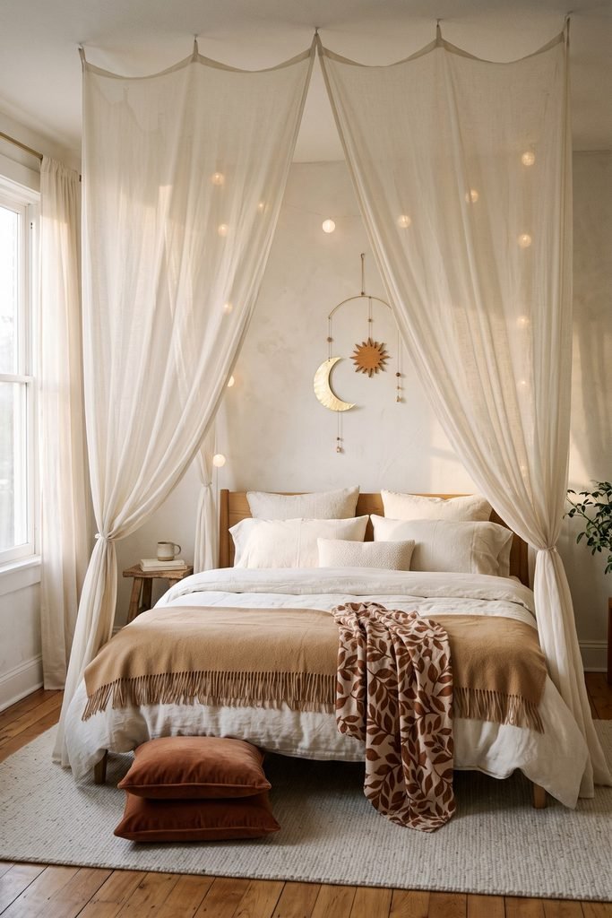 Ivory canopy and globe lights frame a crescent-and-sun mobile above white bedding, a camel blanket, and a brown leaf-patterned throw.