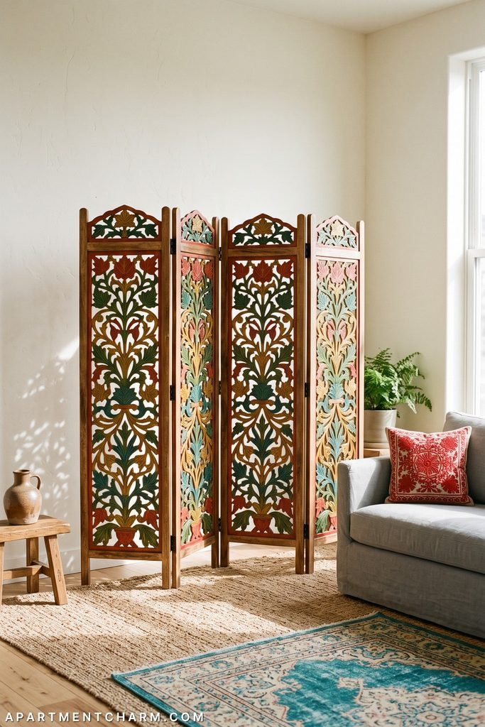 Four carved wood folding panels display colorful botanical cutouts in green, rust, aqua, pink, and mustard beside a gray sofa with a red embroidered pillow and turquoise-bordered rug.