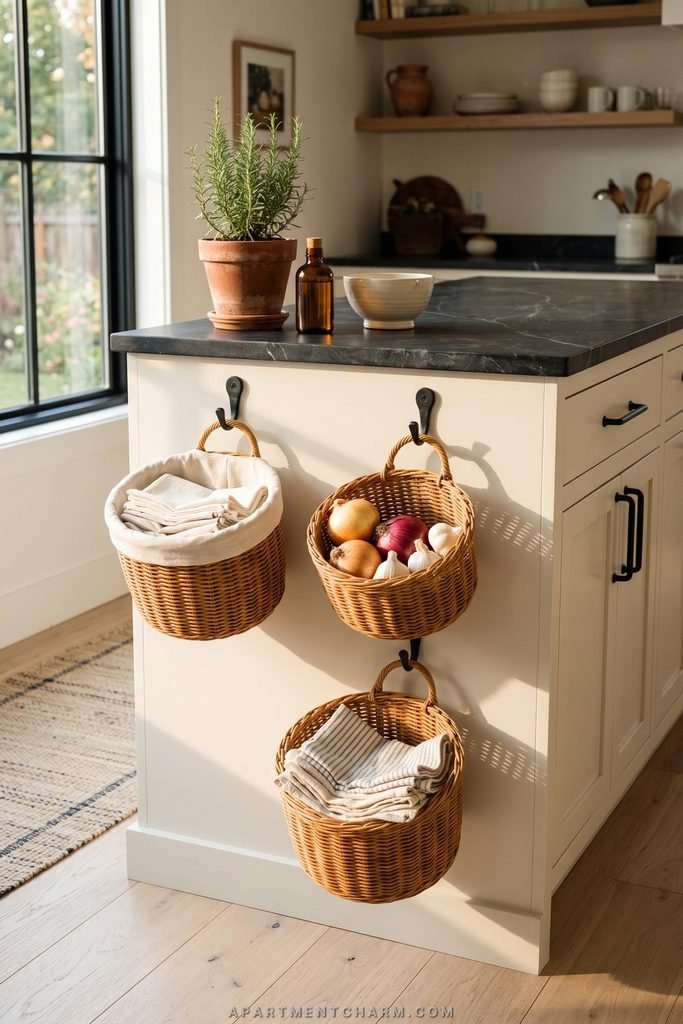 25 Beautiful Storage Ideas for Small Spaces That Use Every Inch 22 Three woven baskets hang from hooks on a kitchen island, holding folded linens, onions, and garlic.