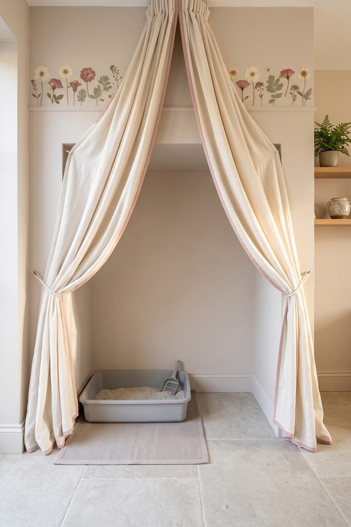 Open litter alcove with tied ivory curtains, blush trim, pressed-flower border, gray tray and scoop, tracking mat, pale stone floor, and nearby fern.