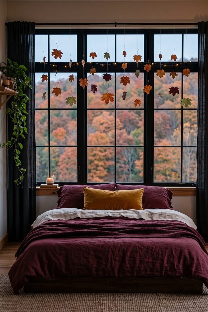 Burgundy bed with a mustard pillow beneath black-grid windows decorated with hanging autumn leaves and string lights, overlooking orange trees.