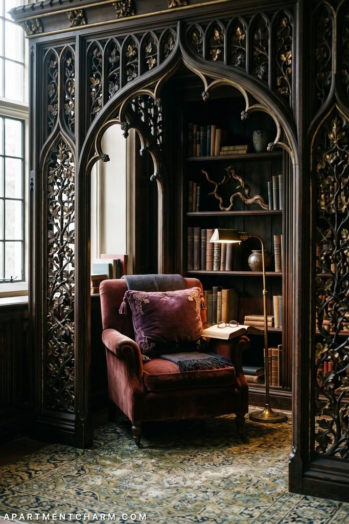 Dark carved screen and bookshelves form a cathedral-like botanical arch around an oxblood velvet chair with purple tasseled pillow, aged-brass reading lamp, open book, glasses, and patterned rug.
