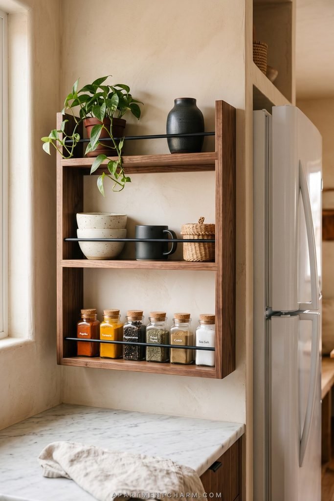 25 Beautiful Storage Ideas for Small Spaces That Use Every Inch 23 Narrow wood rack beside a refrigerator stores spice jars, bowls, mugs, a plant, and a woven container.
