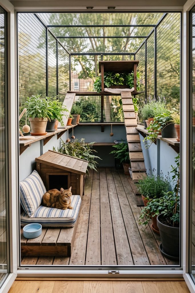 Mesh-enclosed balcony with wood decking, plant-lined shelves, open path, ramp to a covered perch, low refuge, blue-striped bed, and a resting cat.
