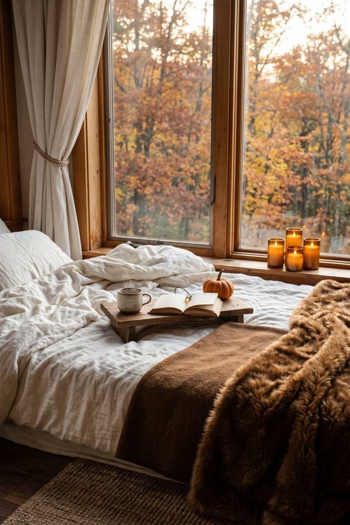 Rumpled ivory bed beside autumn-facing windows, with brown throws and a wooden tray holding a mug, open book, and small pumpkin.