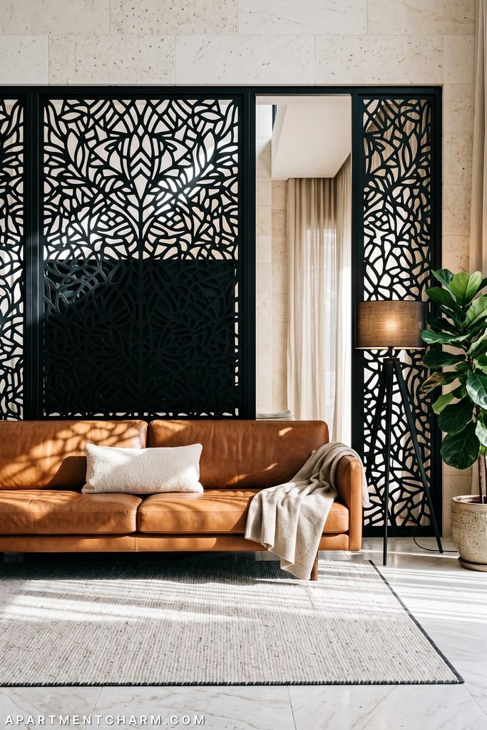 Tall black botanical cutwork panels stand behind a cognac leather sofa with cream pillow and throw; a black tripod lamp, large leafy plant, pale stone walls, and light rug complete the scene.