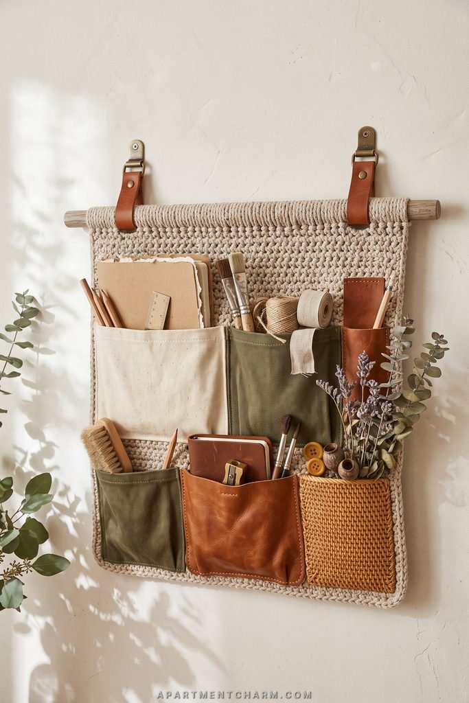 25 Beautiful Storage Ideas for Small Spaces That Use Every Inch 24 Crocheted wall organizer with canvas, leather, and woven pockets holds notebooks, brushes, tools, and dried stems.