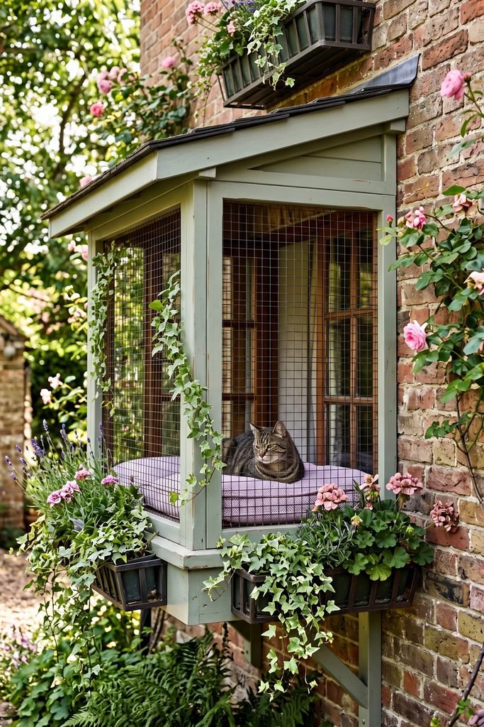Sage window catio on a brick wall with a shallow roof, wire mesh, lavender cushion, resting tabby, ivy, and overflowing pink flower planters.