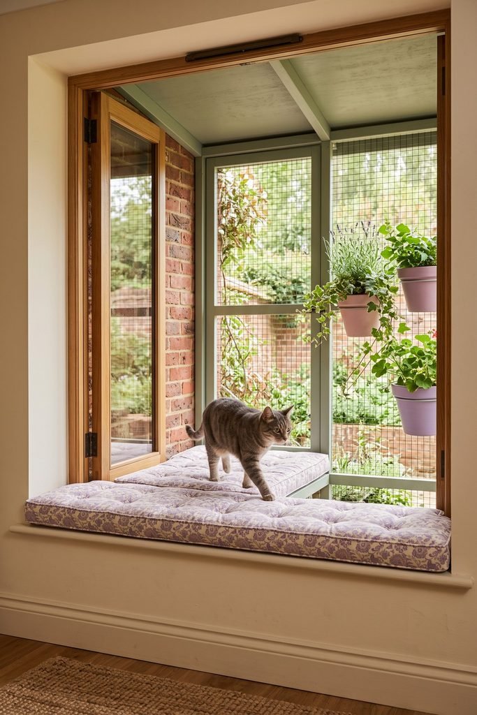 Tabby crossing lavender patterned window cushions into a sage mesh catio with an open wood frame, hanging planters, brick, greenery, and garden view.