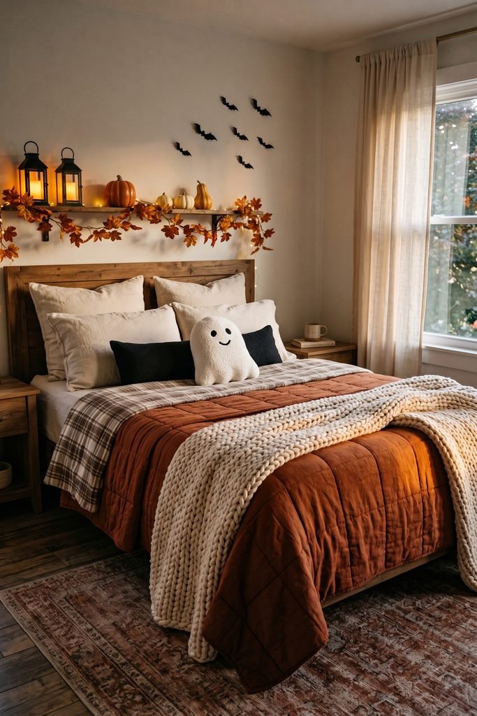 Rust-and-cream bed with a white ghost pillow, plaid and chunky knit, beneath glowing lanterns, pumpkins, an autumn garland, and black wall bats.