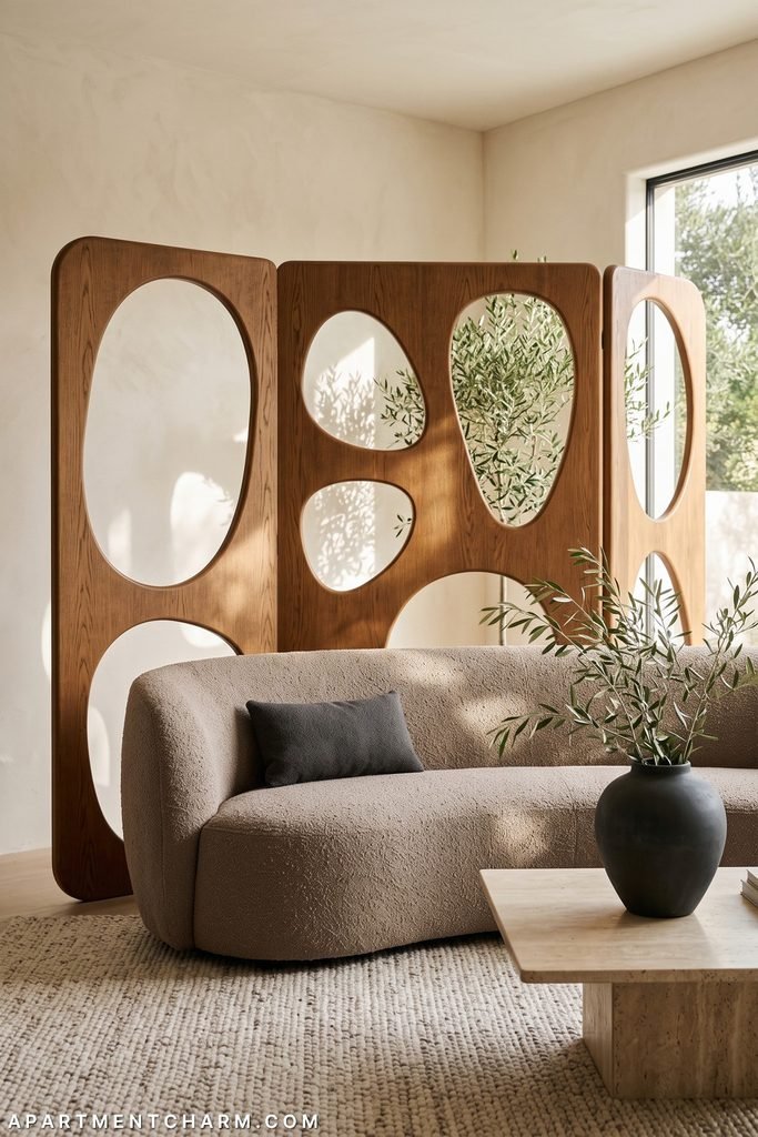 Three caramel-toned wood screen panels with large irregular rounded openings curve behind a mushroom-colored sofa; a black pillow, black vase with olive branches, stone table, and textured cream rug repeat the shapes.