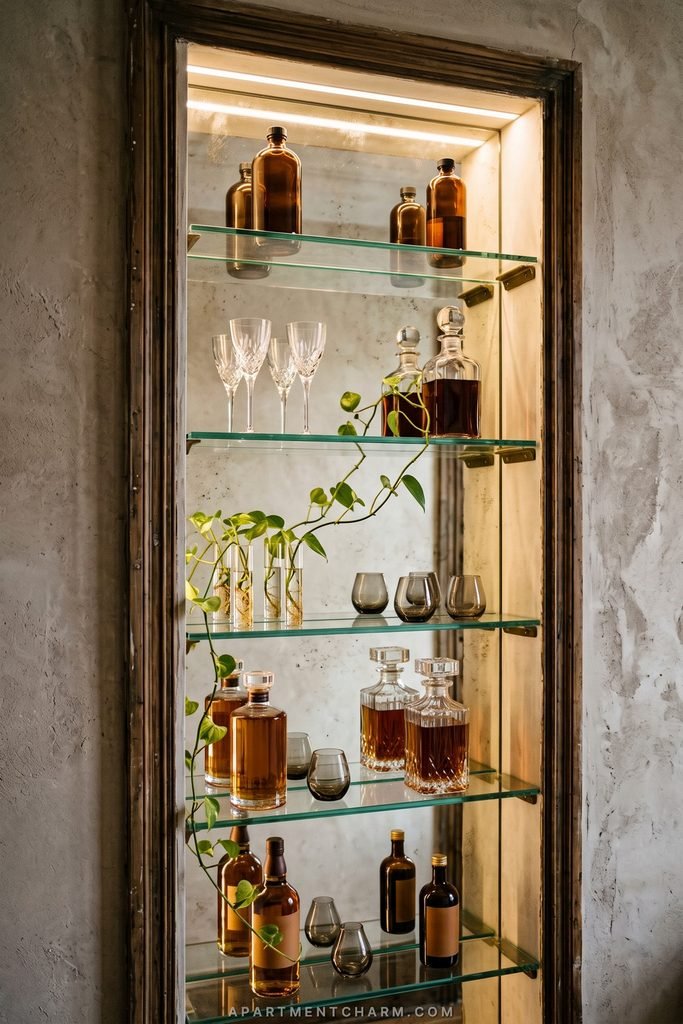 25 Beautiful Storage Ideas for Small Spaces That Use Every Inch 25 Lighted glass shelves turn a narrow mirrored recess into a bar displaying bottles, decanters, stemware, and trailing greenery.