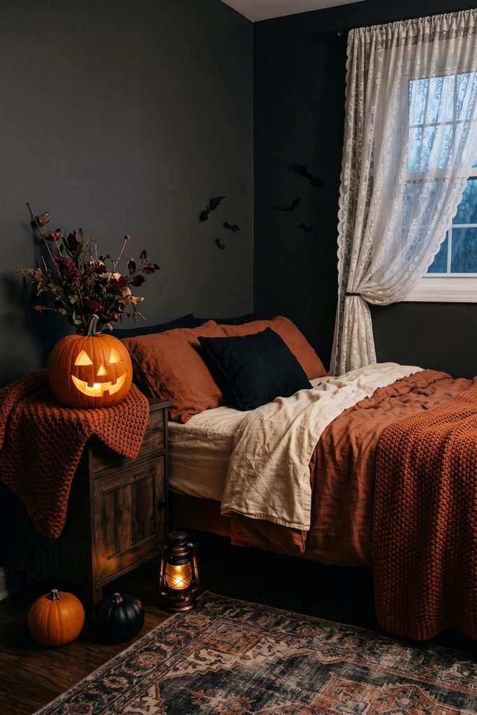Glowing jack-o'-lantern beside rust-and-cream bedding in a dark bedroom with a lace curtain, black bats, dried foliage, and a floor lantern.