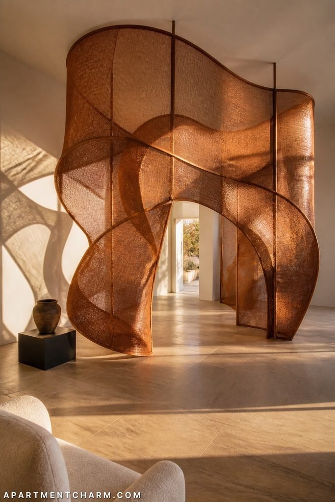 Tall copper mesh ribbons sweep and overlap around slender vertical supports, forming translucent loops and a walk-through opening while casting curved shadows across warm stone; a dark pedestal supports one vessel.