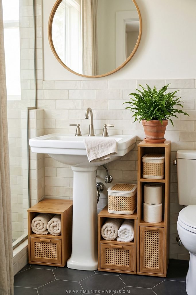25 Beautiful Storage Ideas for Small Spaces That Use Every Inch 26 Slim wood-and-cane cubbies surround a pedestal sink, storing rolled towels, baskets, toilet paper, and a fern.
