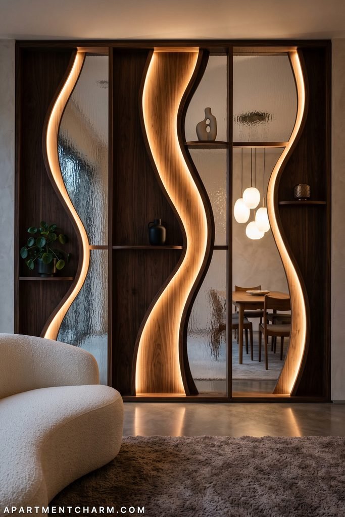 Full-height dark walnut divider combines three illuminated opposing wave forms, rippled-glass panels, sparse display shelves, a green plant and black vessel; a cream sofa and dining room appear on either side.