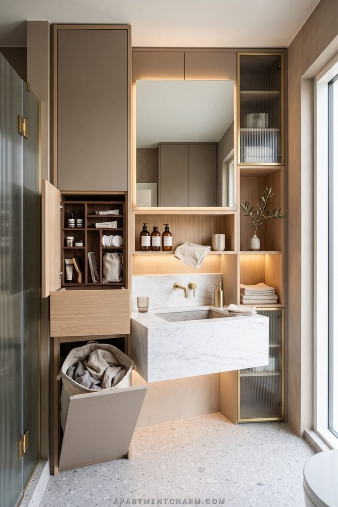 25 Beautiful Storage Ideas for Small Spaces That Use Every Inch 27 Compact bathroom wall combines a marble sink with tall cabinets, open towel shelves, a drawer, and a tilt-out hamper.