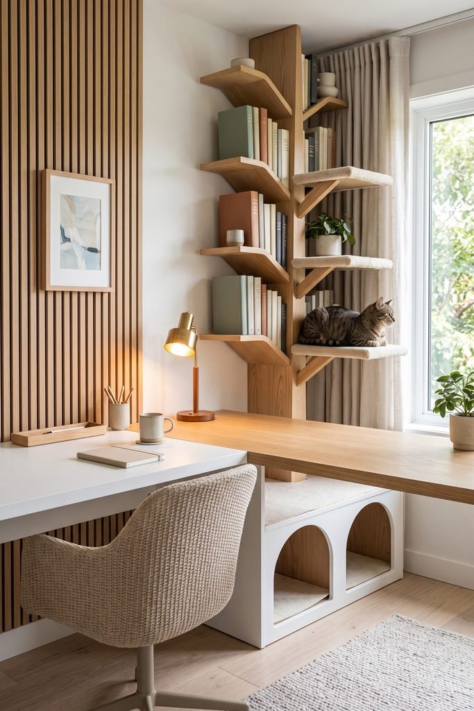 White-and-wood corner desk with branching bookshelves, padded window cat perches, two arched base cubbies, a woven chair, and a resting tabby.