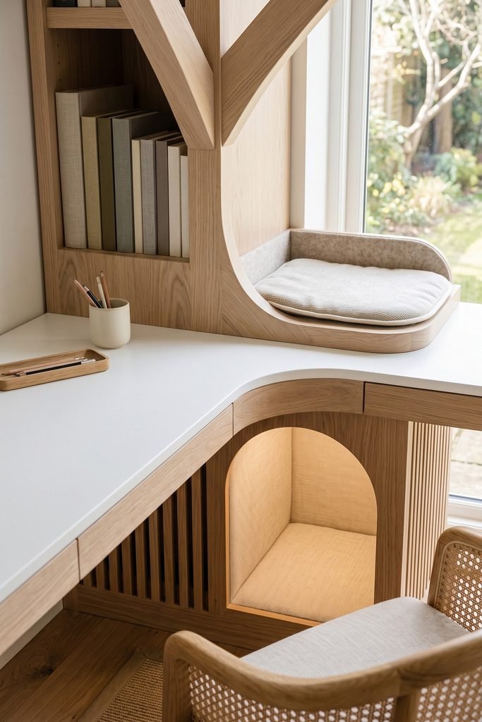Close view of a wood desk bookcase joining a padded window perch, illuminated arched cat cubby, slatted panels, books, and curved white worktop.