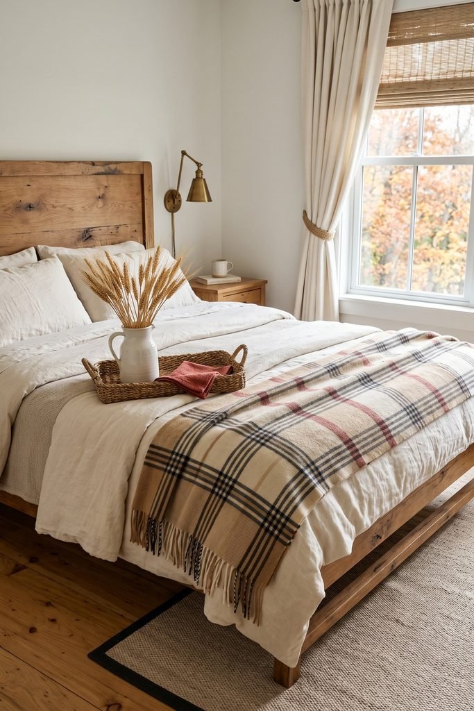 Ivory bedding and a beige plaid throw on a wooden bed, with wheat in a white pitcher on a woven tray.