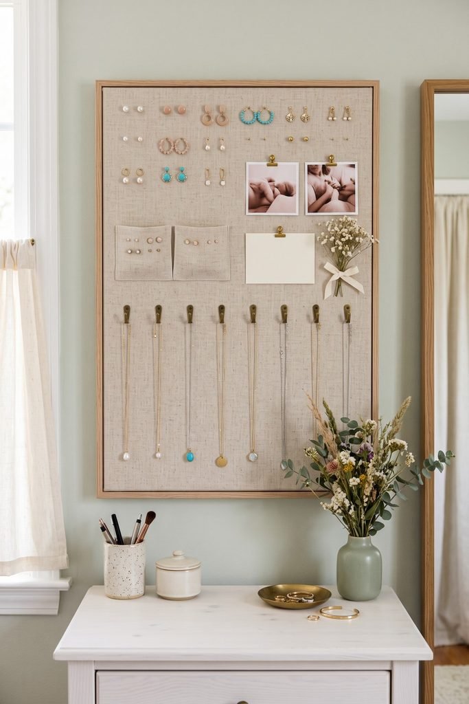 Oatmeal-colored fabric board organizing earrings, necklaces, photos, pockets, and dried flowers above a small white vanity.