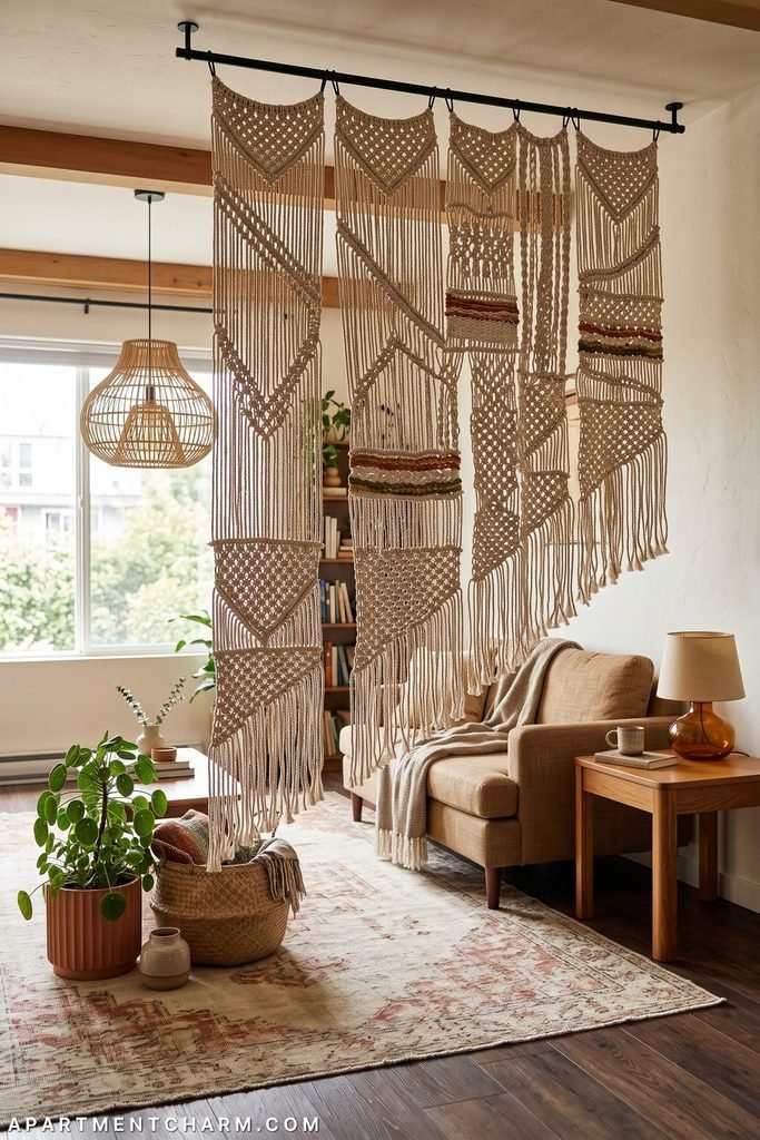Multiple narrow macramé panels with varied knots, open cords, fringe, and muted colored bands hang from a black rail beside a camel chair, plants, woven baskets, and a faded rug.