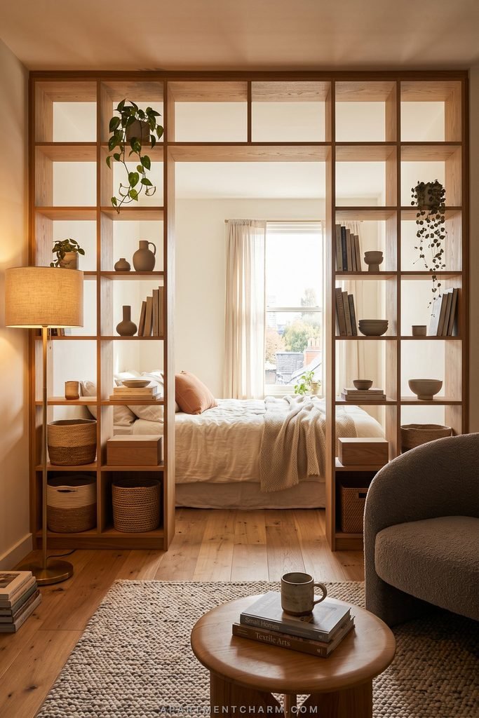 25 Beautiful Storage Ideas for Small Spaces That Use Every Inch 5 Open wood bookcase frames a sleeping alcove while baskets and shelves separate it from the living area.