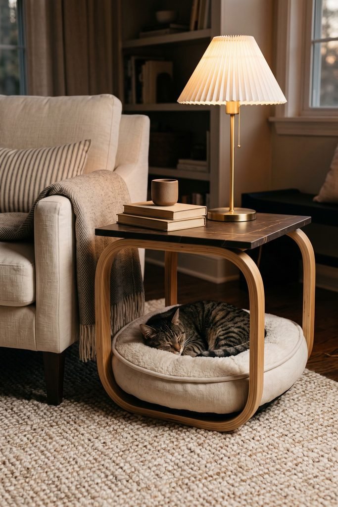 Sleeping tabby in a cream bed beneath a curved wood side table with a dark veined top, pleated brass lamp, books, and cup.