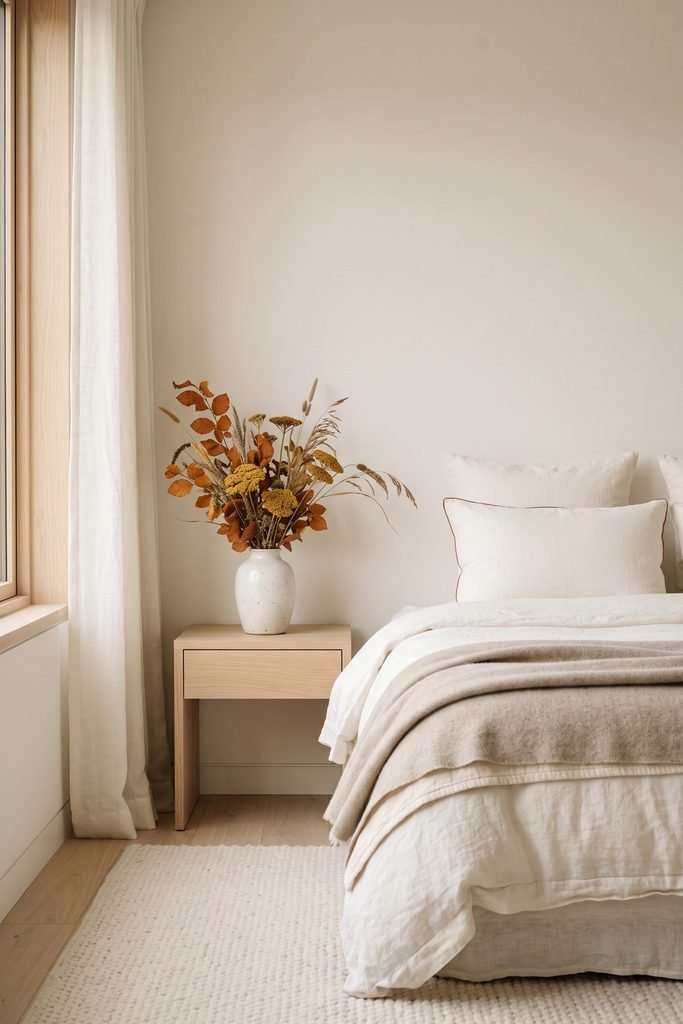 Ivory bedroom with a rust-and-mustard bouquet on a pale wood nightstand, a rust-trimmed pillow, and layered cream bedding.