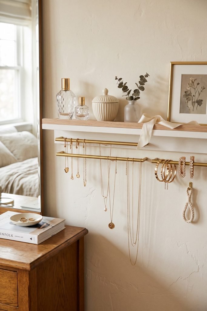 Slim wood-topped shelf with two brass rails organizing necklaces and bangles beside a bedroom mirror and dresser.