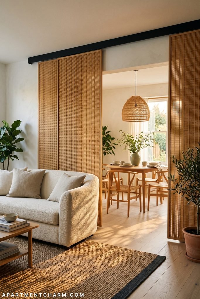 Woven bamboo sliding panels hang from a black ceiling rail and leave a broad central opening between a cream living room and a warm wood dining area.