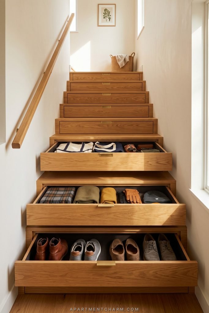 25 Beautiful Storage Ideas for Small Spaces That Use Every Inch 6 Wooden stair risers open as deep drawers holding shoes, folded clothes, and accessories in a narrow stairwell.