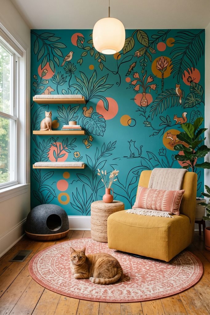 Teal botanical mural behind pale wood cat shelves, a mustard chair, coral patterned rug, rounded gray hideout, plants, and two orange cats.