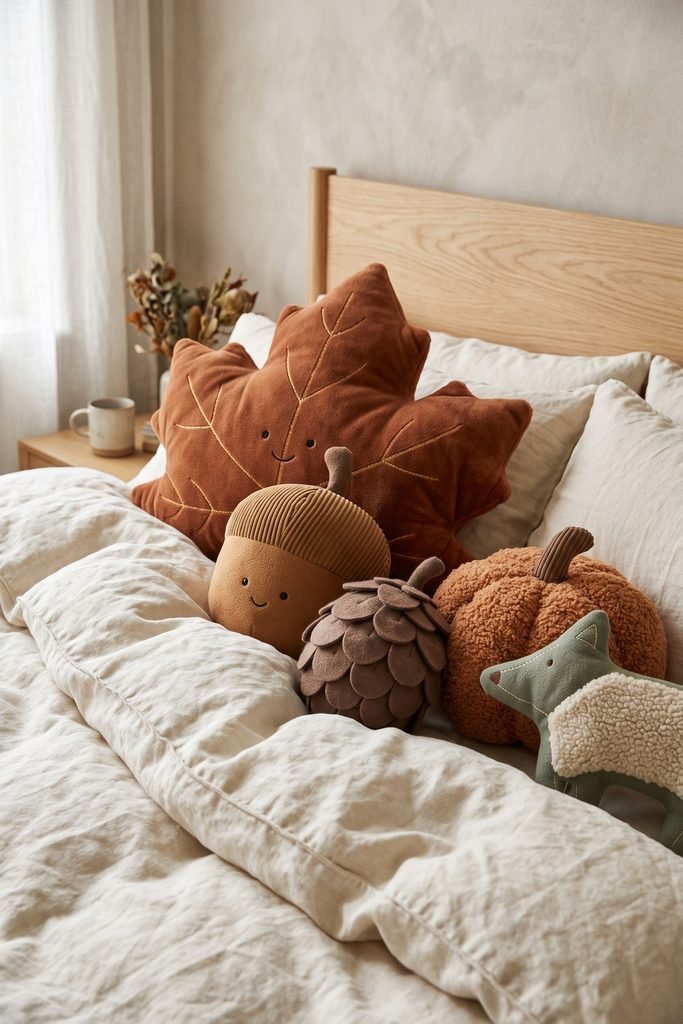 Ivory bed with an oversized rust leaf pillow, tan acorn, brown pinecone, orange textured pumpkin, and sage woodland-animal cushion.