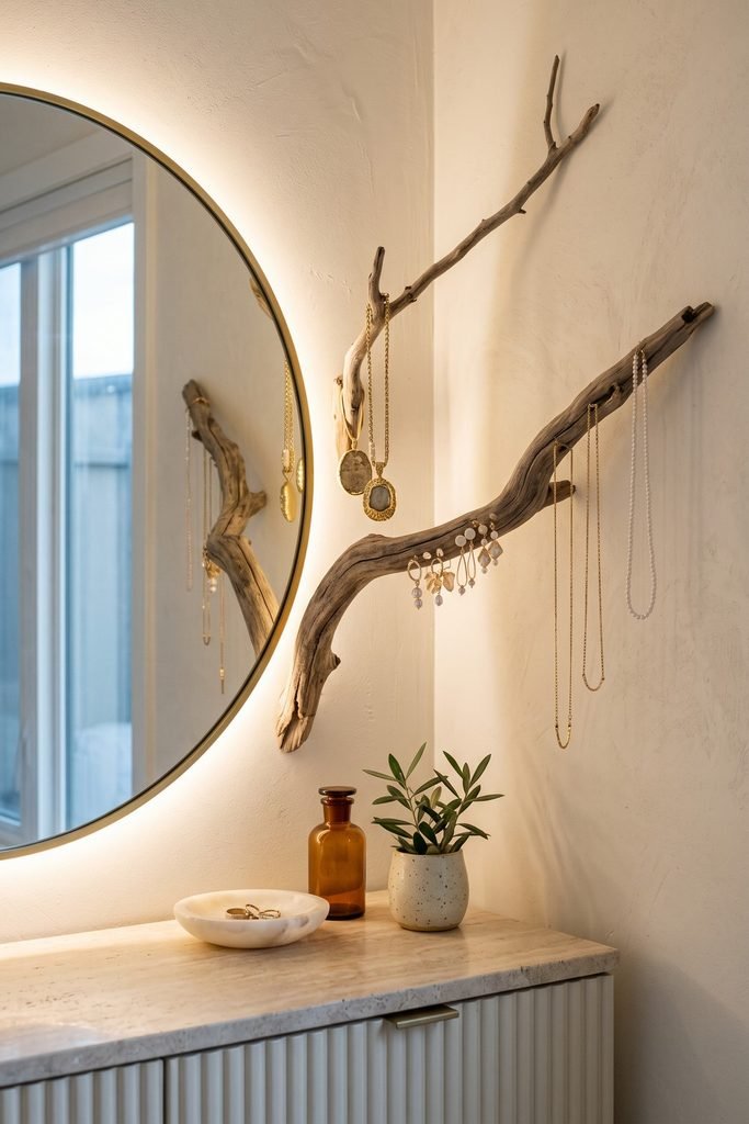 Two wall-mounted driftwood branches holding necklaces and earrings beside a halo-lit round mirror above a stone-topped vanity.
