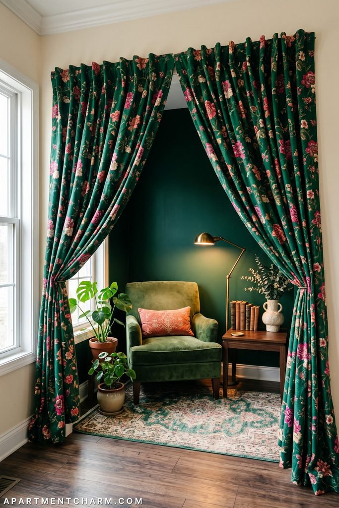 Emerald floral curtains frame an emerald velvet chair against a deep green wall, with a coral pillow, brass reading lamp, books, plants, and patterned rug.