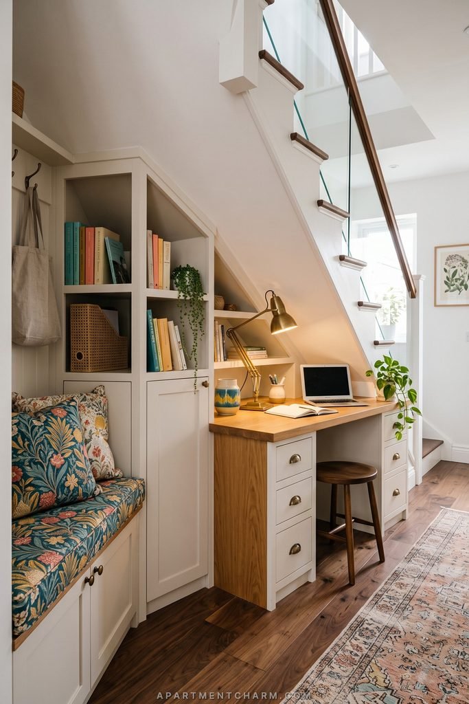 25 Beautiful Storage Ideas for Small Spaces That Use Every Inch 7 Built-in desk, drawers, shelving, and a floral-cushioned bench fill the space beneath a compact staircase.