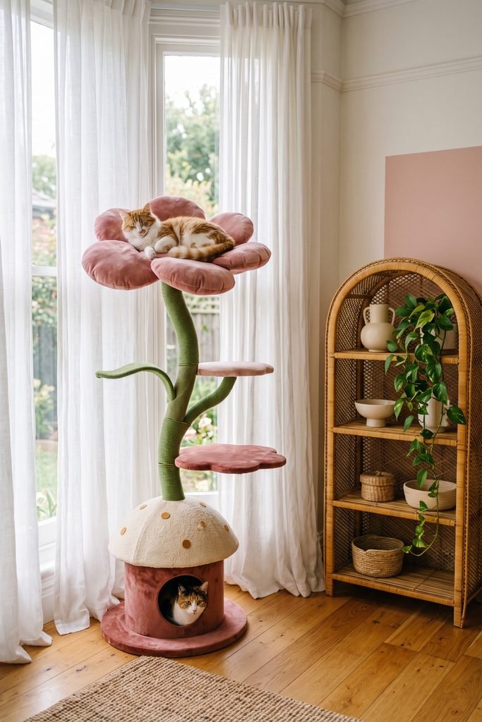Blush flower cat tree with green stems and a mushroom hideout beside white curtains, an arched woven shelf, and two resting cats.