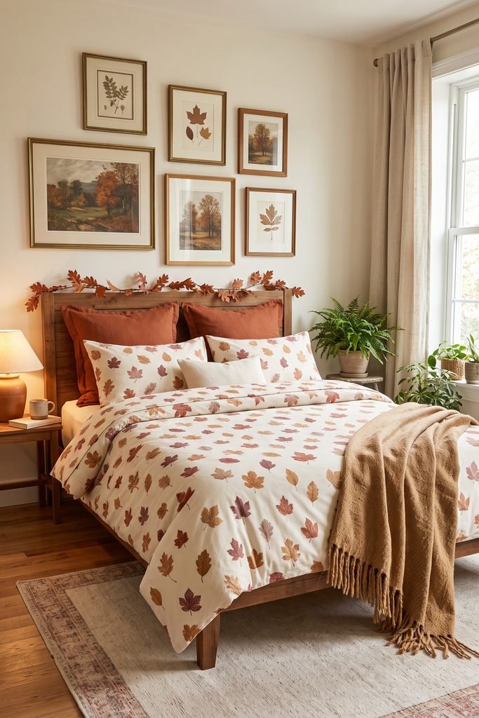Cream leaf-print bedding with rust pillows and a camel throw beneath six framed autumn artworks and a slim leaf garland.