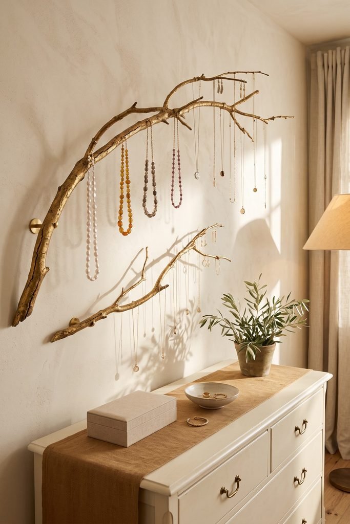 Two gold-finished branches display necklaces and earrings as wall sculpture above an ivory dresser with a plant and jewelry dish.