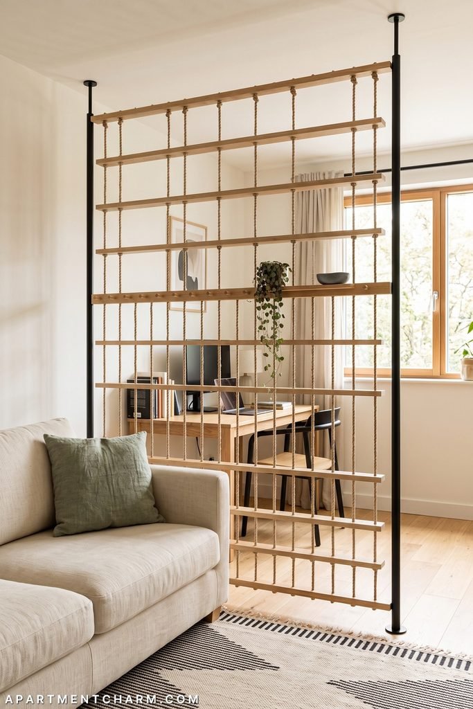 A floor-to-ceiling screen of pale horizontal slats tied to vertical ropes spans two black tension poles, with a small plant and bowl on a ledge; a cream sofa and desk flank it.