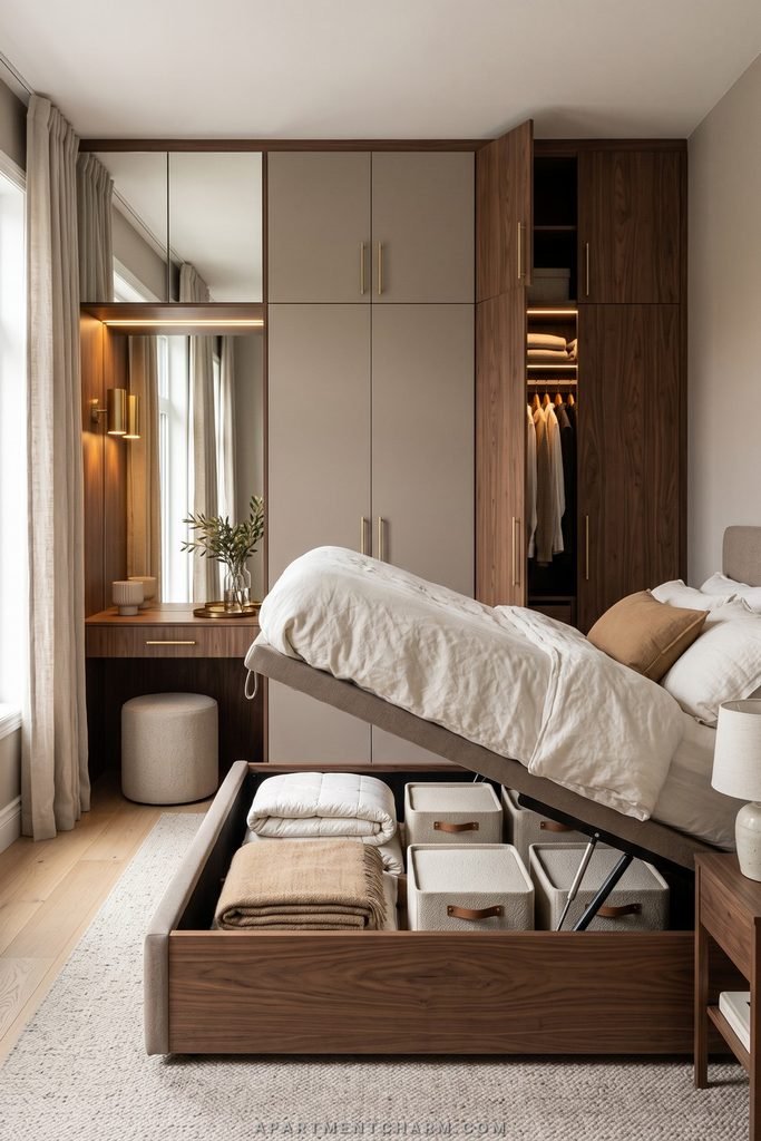 25 Beautiful Storage Ideas for Small Spaces That Use Every Inch 8 Lift-up storage bed reveals fabric bins and folded bedding beside a wall of taupe and dark wood wardrobes.