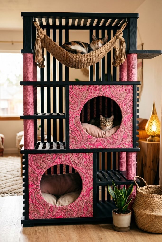 Black slatted cat tower with two pink paisley dens, pink scratching columns, a fringed woven hammock, basket, plant, and two resting cats.