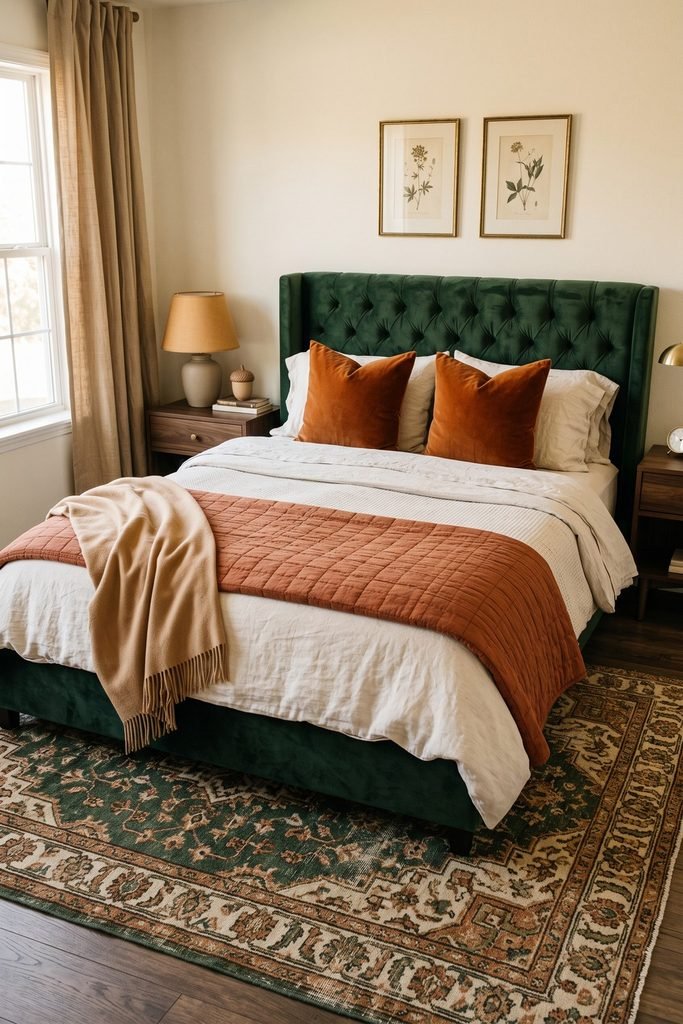 Deep green tufted bed with ivory bedding, burnt-orange pillows, a rust quilt, camel throw, and green patterned rug beneath botanical prints.