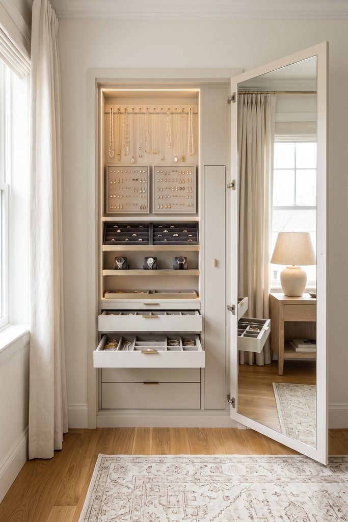 Open mirror-front jewelry cabinet with necklace hooks, earring panels, ring trays, watch shelves, and divided drawers.